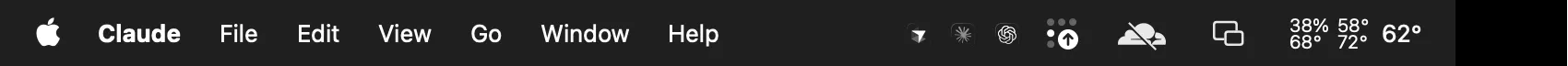 The left half of a real MacBook menu bar: the app's menus, then a row of status icons sitting just left of the black notch