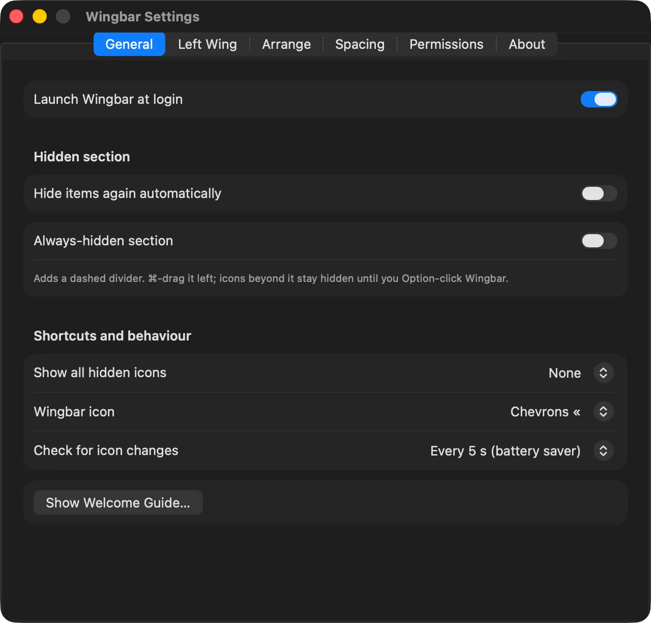 Wingbar Settings, General tab: launch at login, hidden section auto-hide, always-hidden section, shortcut, Wingbar icon style and scan frequency