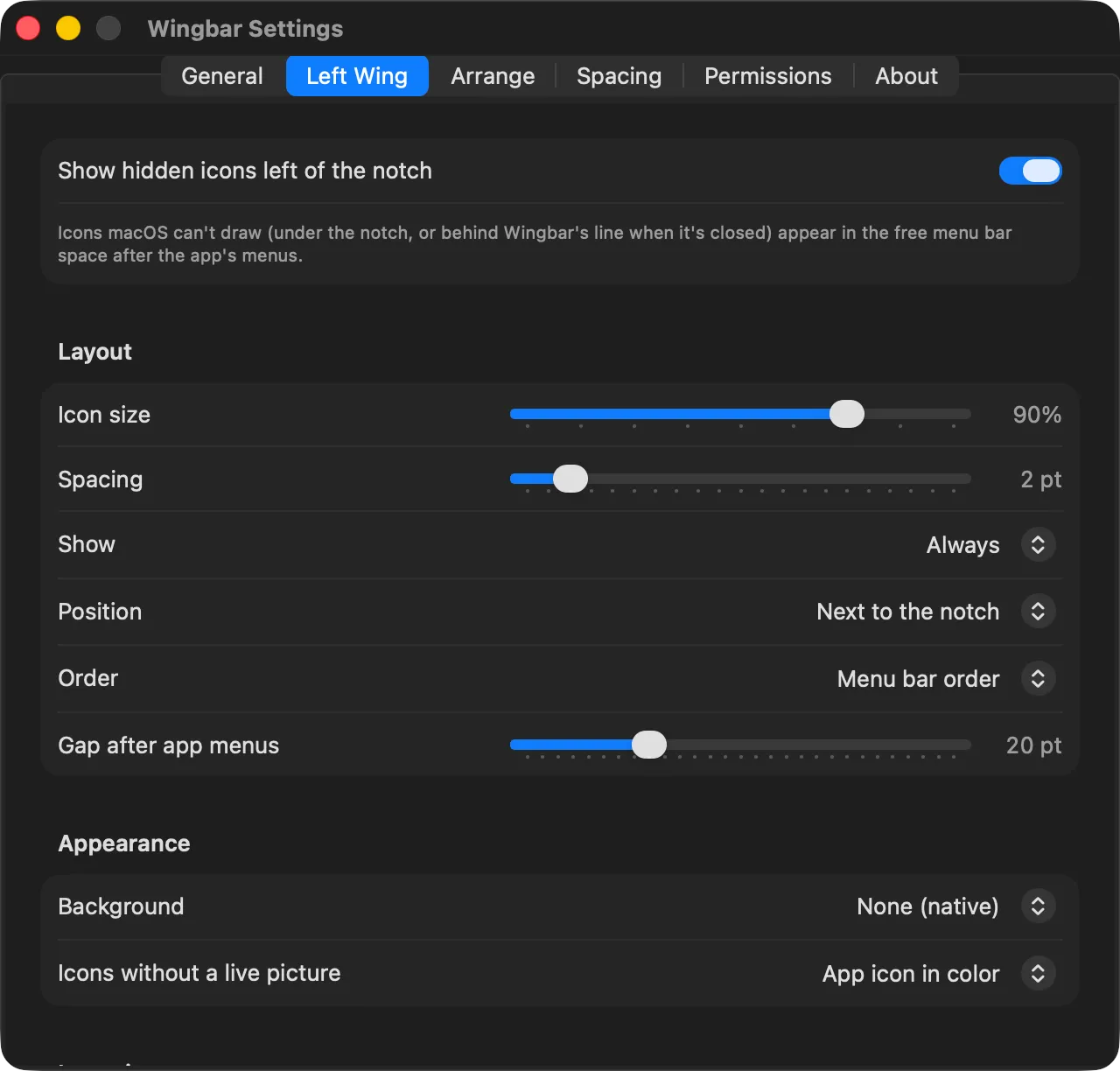 Wingbar Settings, Left Wing tab: icon size, spacing, show, position, order, gap after app menus, background and the style for icons without a live picture
